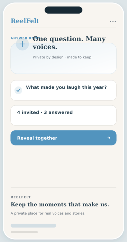 Answer Rooms screen in the ReelFelt app