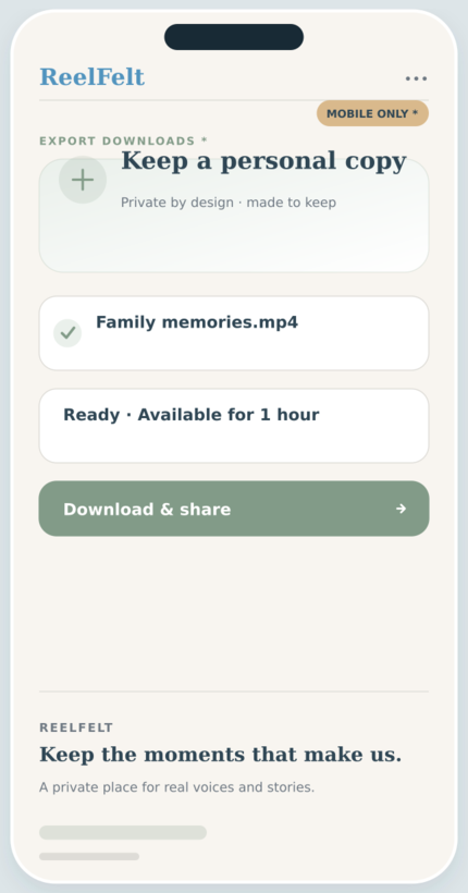 Export Downloads screen in the ReelFelt app