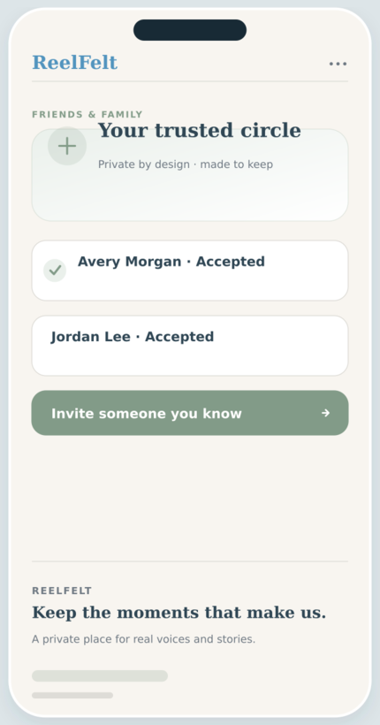 Friends & Family screen in the ReelFelt app
