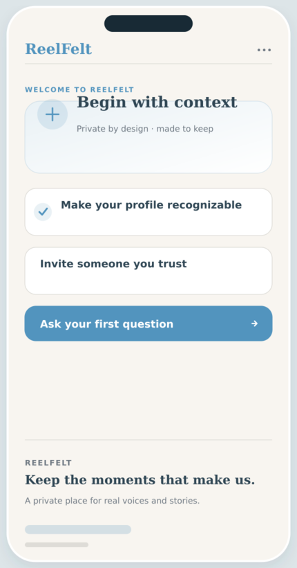 Private Onboarding screen in the ReelFelt app