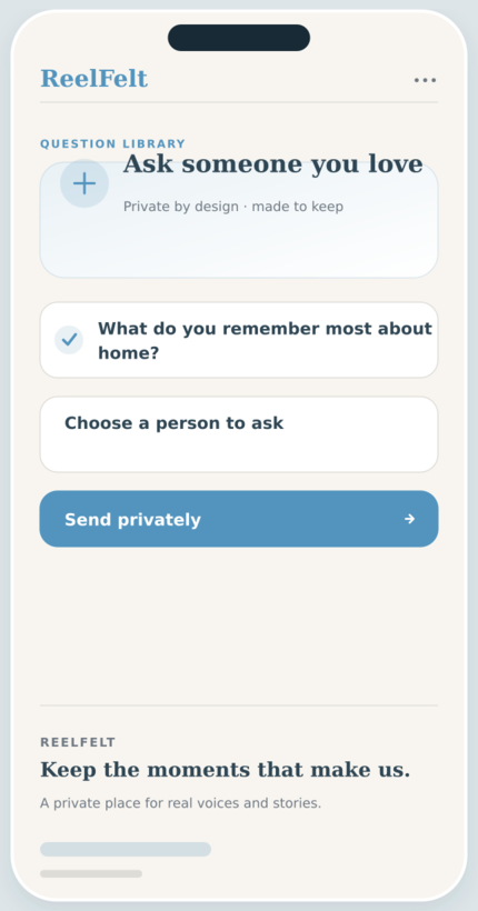 Meaningful Questions screen in the ReelFelt app