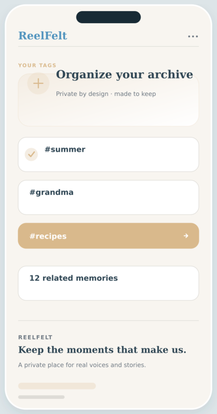 Personal Tags screen in the ReelFelt app